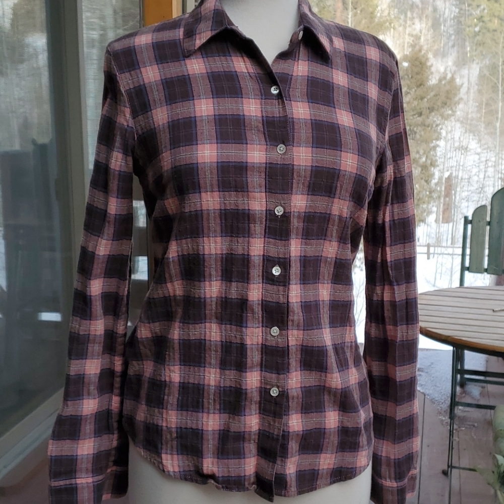 James Perse Pink and Brown Plaid Button Down Shirt